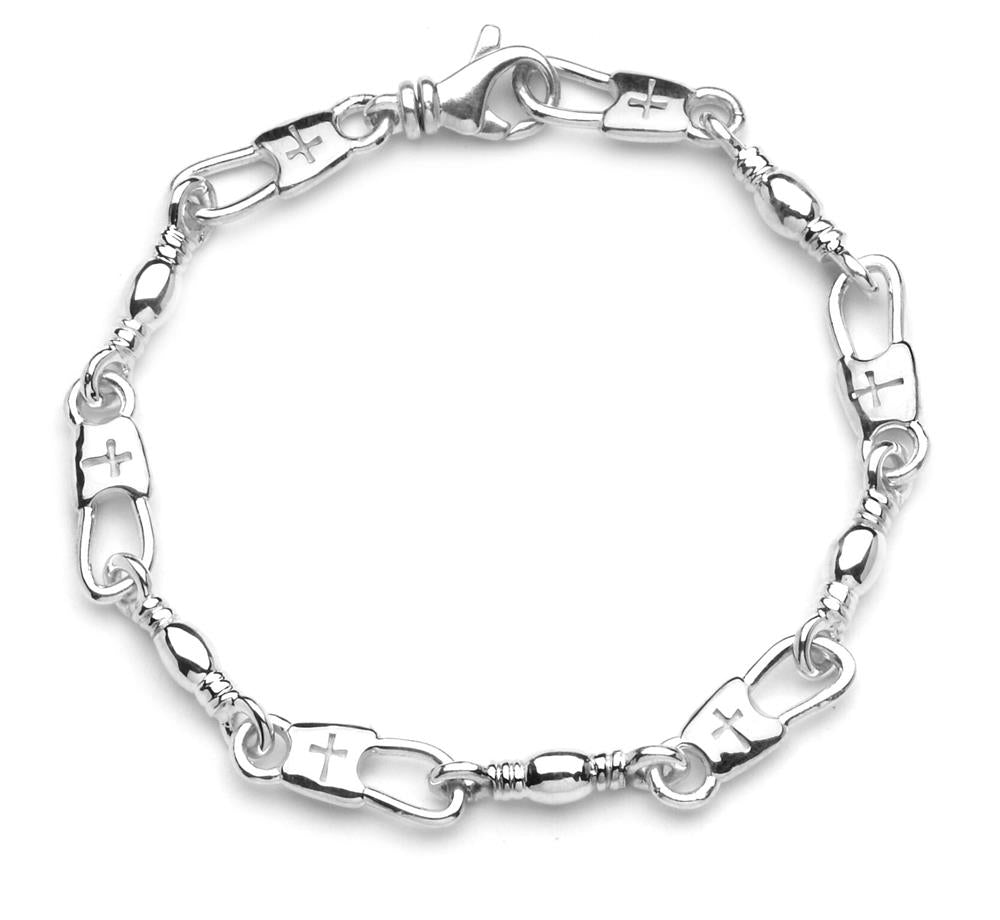 The "Fisher of Men" bracelet by Denali Pro Jewelers features a delicate design with 6.5mm wide, evenly spaced chain links engraved with crosses and small, polished oval beads, all securely fastened with a sturdy swivel lobster clasp. This piece measures 8.75 inches in length.