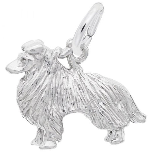 The Rembrandt Charms Collie Charm, made of sterling silver, is intricately detailed with fur and depicts a Collie standing on all four legs. This charm includes a small loop on its back for easy attachment to a bracelet or necklace.