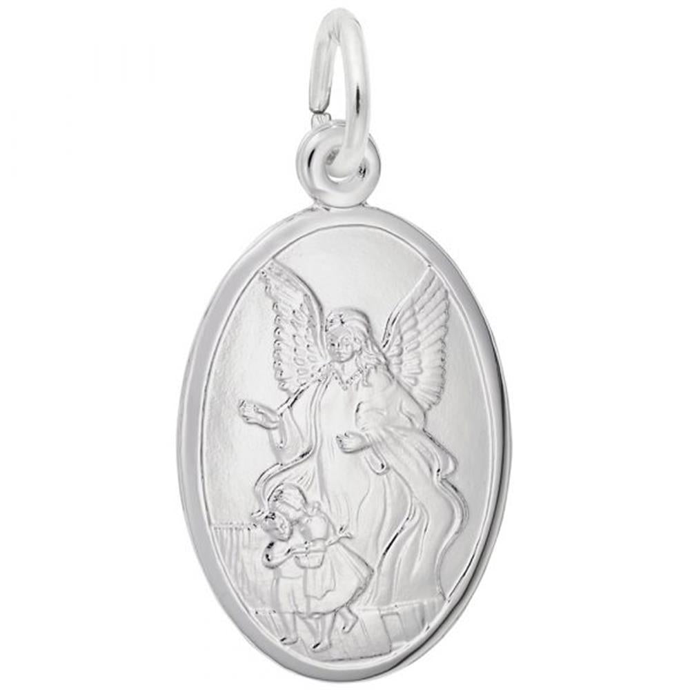 Introducing the Guardian Angel Oval Disc Charm by Rembrandt Charms: a sterling silver pendant showcasing an engraved image of a guardian angel with wings, lovingly guiding a young child. This exquisite charm includes a small loop at the top for easy attachment to your favorite chain or bracelet.