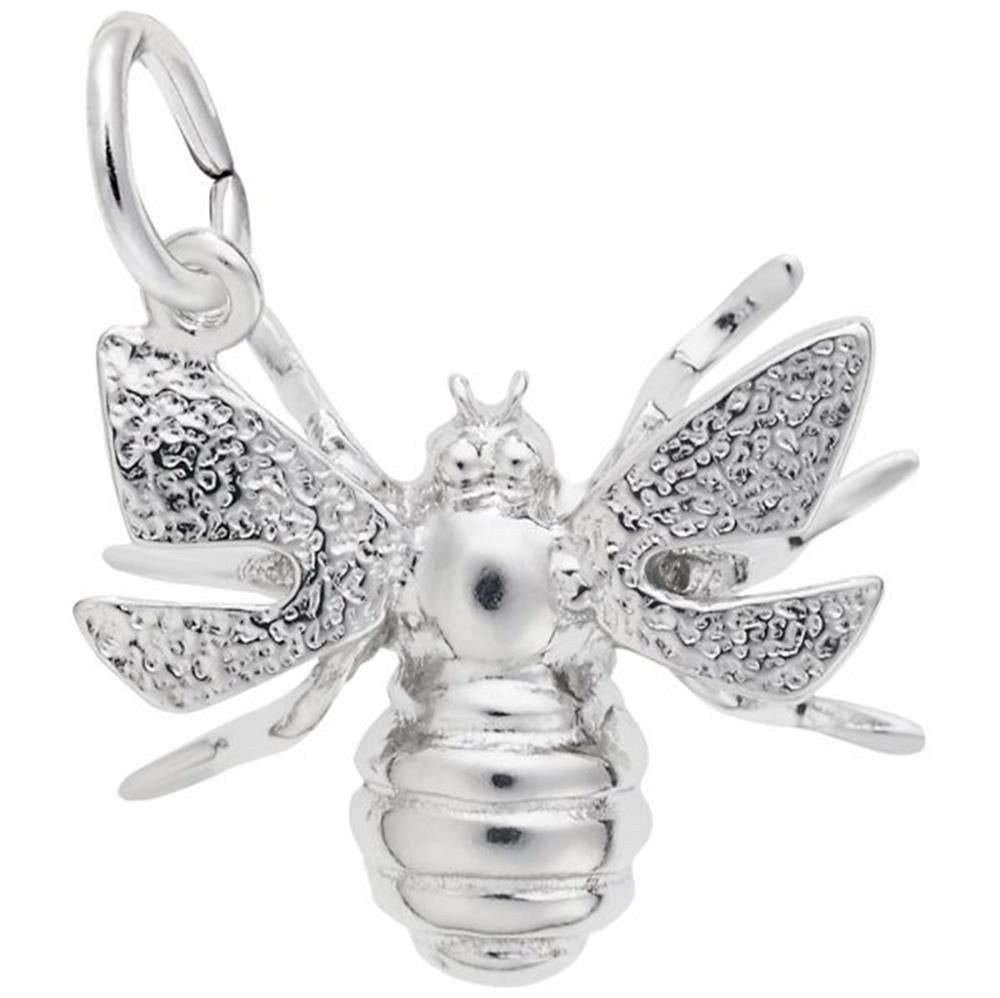 A close-up image of the Bee 3D Charm in sterling silver. The detailed design showcases intricately textured wings and a segmented body. The charm, from the renowned brand Rembrandt Charms, features a small loop at the top for easy attachment to a chain or bracelet.