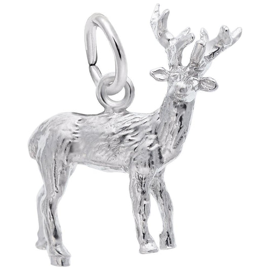 A timeless piece, the Elk Charm from Rembrandt Charms is crafted in sterling silver and shaped like a detailed stag. It features prominent antlers, lifelike fur texture, and stands in a natural pose with an attached loop for a necklace or bracelet.