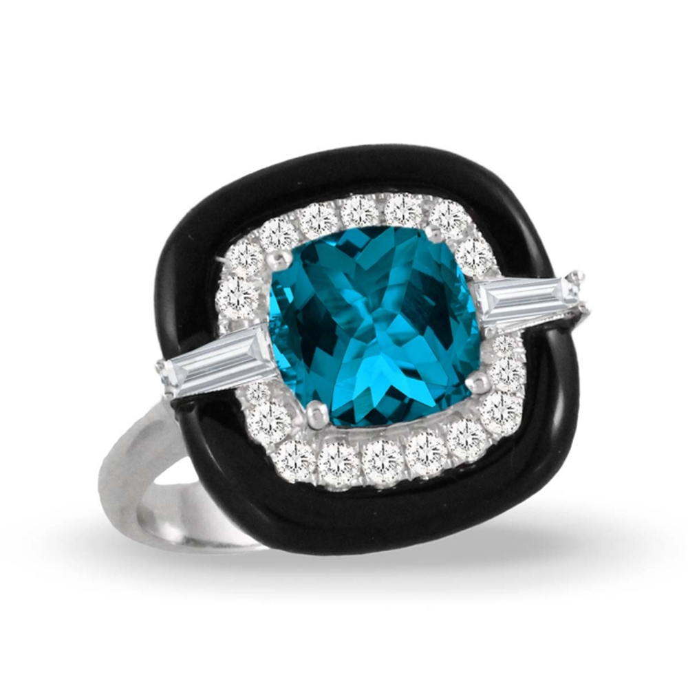 A stunning 18KWG D16=.29 DB2=.22 BO=1.99 LBT=2.38 18K WHITE GOLD DIAMOND RING WIT by Doves by Doron Paloma features a vibrant blue square-cut gemstone at the center. Surrounding the gemstone are rows of white diamonds, while the setting is accented with a black onyx frame. The diamond ring also includes two baguette-cut diamonds on opposite sides of the blue gemstone.
