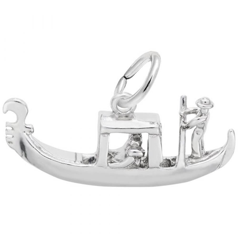 The Venetian Gondola Charm from Rembrandt Charms is crafted in sterling silver and features a gondolier standing at the back, holding an oar. This charm includes intricate details of both the boat and the gondolier, and comes with a small loop at the top for easy attachment to a bracelet or necklace.