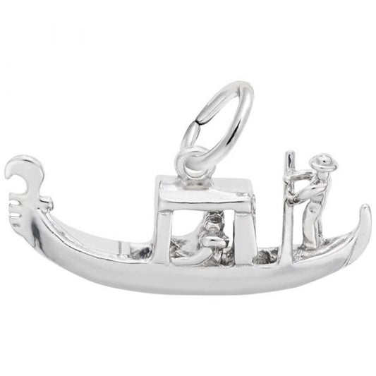 The Venetian Gondola Charm from Rembrandt Charms is crafted in sterling silver and features a gondolier standing at the back, holding an oar. This charm includes intricate details of both the boat and the gondolier, and comes with a small loop at the top for easy attachment to a bracelet or necklace.