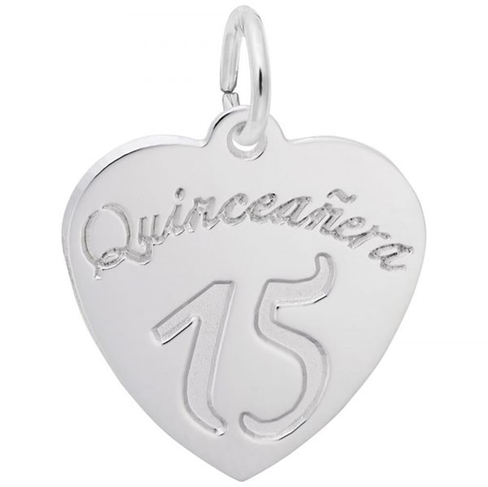 The Rembrandt Charms Quinceanera Charm, crafted from sterling silver, features a heart-shaped design with "Quinceañera" elegantly engraved at the top and the number "15" beneath it. A small loop is attached at the top for wearing as a charming necklace pendant.