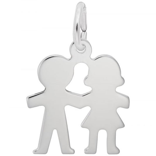 The Boy And Girl Charm in Sterling Silver by Rembrandt Charms features the intricately detailed silhouettes of a boy and girl with their heads touching, forming a heart shape between them. This exquisite charm includes a loop at the top for easy attachment to a necklace or bracelet, perfectly capturing the essence of childhood and love.