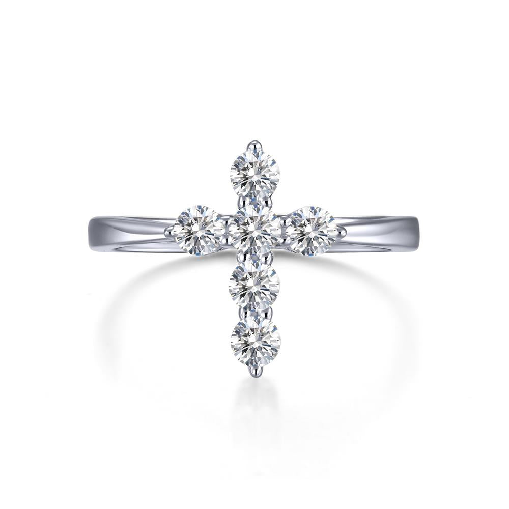 The Lafonn 0.30 CTW Cross Ring forms a timeless symbol, featuring a cross adorned with seven Lafonn diamonds, elegantly positioned atop a thin, polished band. The ring is beautifully presented against a plain white background.