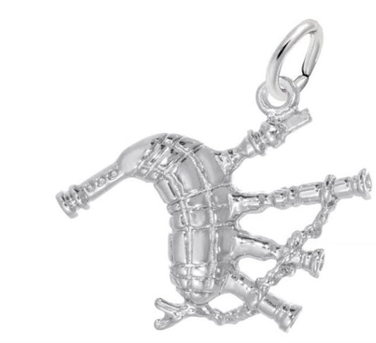 The image shows the Sterling Silver Scottish Bagpipe Charm from Rembrandt Charms. The charm is crafted in sterling silver and features a detailed design of a traditional Scottish bagpipe. It measures 0.8 inches by 0.73 inches (20.45 mm x 18.54 mm) and has the style number 1793. This charm is a perfect keepsake for music enthusiasts and those who appreciate Scottish culture.