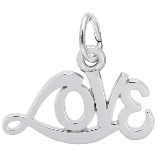 This sterling silver "Love" charm by Rembrandt Charms features the word elegantly written in a stylish, cursive font. It includes a small loop at the top for easy attachment to a chain or bracelet, making the overall design sleek and elegant.