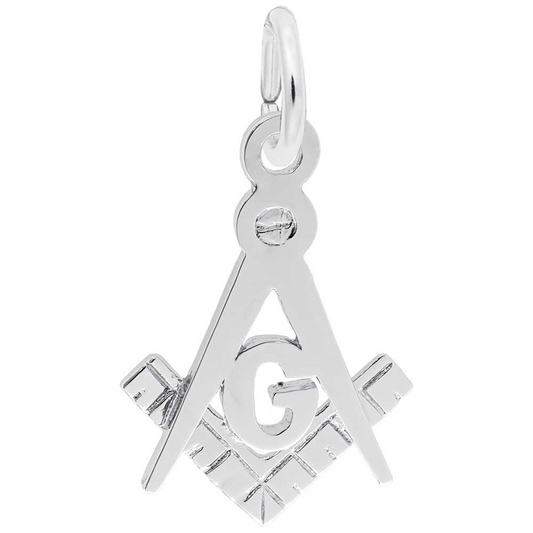 A sterling silver pendant featuring Rembrandt Charms' Square and Compass Charm with the letter "G" in the center, embodying a timeless architecture charm.