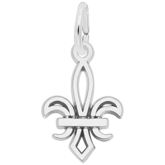 A Rembrandt Charms Petite Fleur De Lis Charm / Sterling Silver, showcasing smooth, polished surfaces and a small loop at its top for attaching to a chain or necklace. The emblem features symmetrical design elements and a clean, elegant appearance.