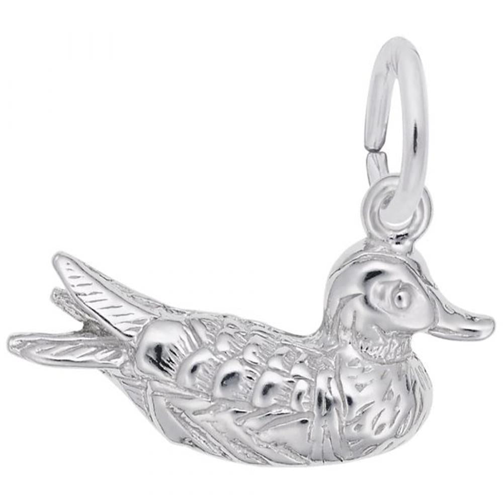 A close-up of the Rembrandt Charms 'Duck Charm' in sterling silver, showcasing intricate detailing on the feathers, wings, and eyes. The charm includes a small, circular loop at the top for attaching to a chain or bracelet. The duck boasts a smooth, polished finish.