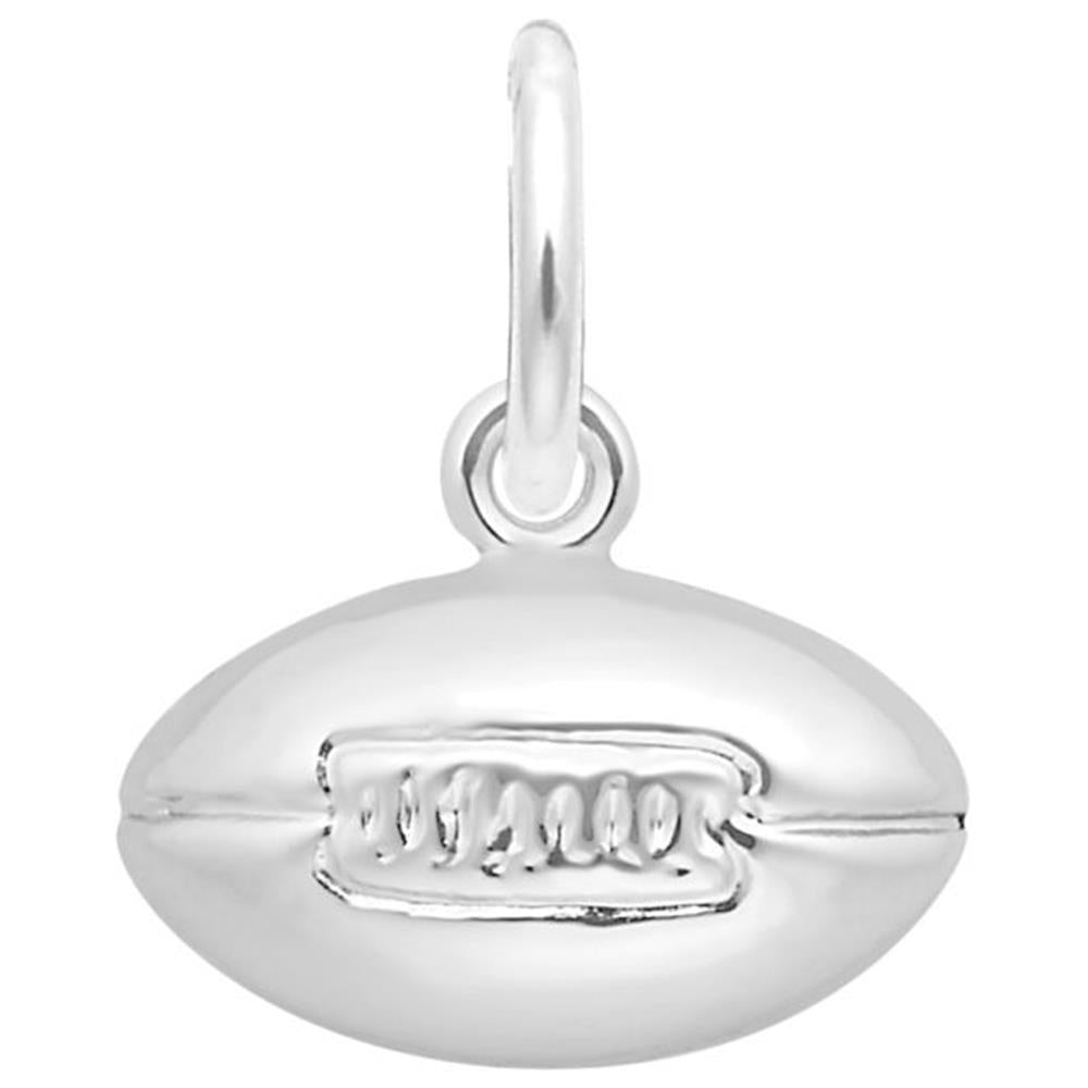 The Football Charm in sterling silver by Rembrandt Charms features a 3D design of an American football with intricate laces on the front. It includes a small loop at the top for easy attachment to a bracelet or necklace.