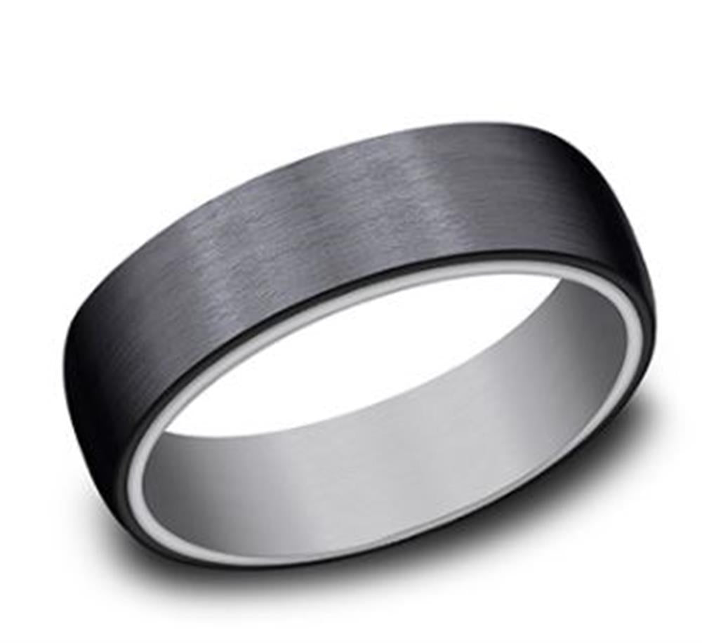 The 6.5mm Tantalum and Black Titanium Ring from Benchmark Rings features a smooth, brushed finish with a slightly rounded exterior and a contrasting inner band. Displayed against a white background, the ring's sleek and modern design is prominently highlighted.