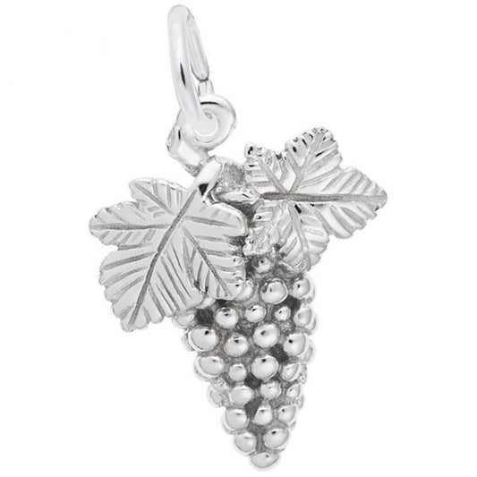 The Rembrandt Charms Grapes Charm in sterling silver is designed in the shape of a bunch of grapes with two detailed leaves on top. This charm showcases intricate detailing for a realistic appearance and includes a small loop at the top for attaching to a chain or string.