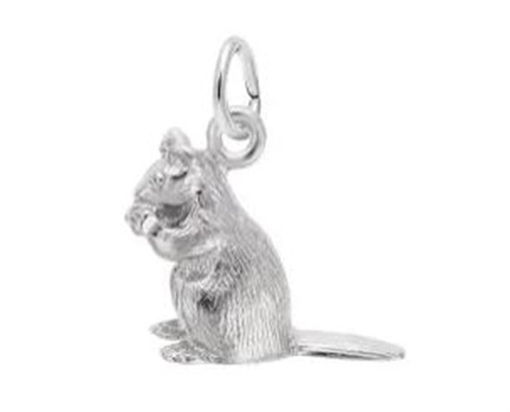 A delightful Rembrandt Charms sterling silver Chipmunk Charm, artfully shaped to depict a chipmunk sitting on its hind legs and holding something with its front paws. The charm features a loop at the top for easy attachment to a chain or bracelet.