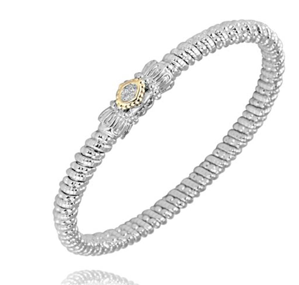 Close-up of Alwand Vahan Jewelry's 4MM Band 0.03ct (Size B2, Model 21890D) silver bracelet featuring a beaded design. The band has a single, round embellishment in the center, encased in a gold-toned setting with a 0.03ct clear gemstone. The overall design is elegant and delicate.