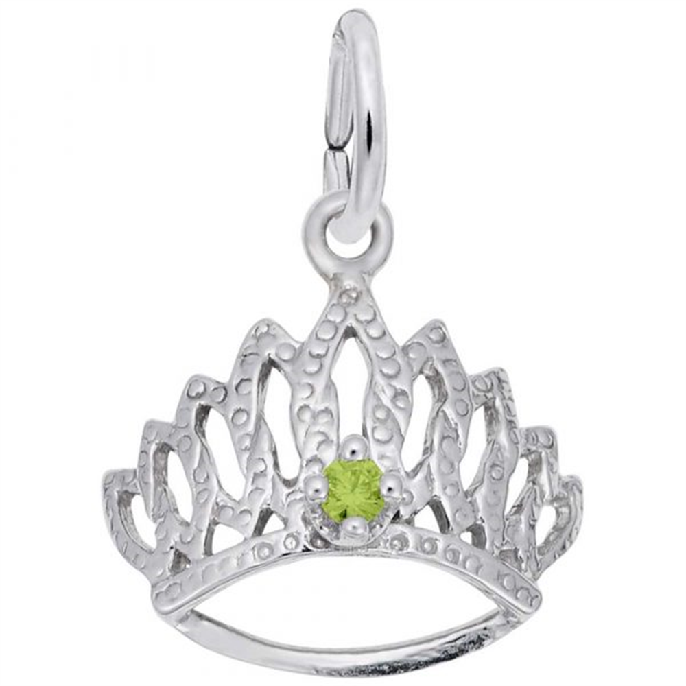 The Tiara With August Stone -SS from Rembrandt Charms is a silver tiara charm with intricate detailing, featuring a single August Stone at the center. It includes a small loop at the top for attaching to a bracelet or necklace.