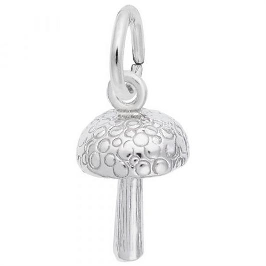 The Mushroom Charm in Sterling Silver by Rembrandt Charms is designed as a detailed mushroom featuring a textured cap and a smooth stem. Part of our nature jewelry collection, the charm includes a small loop at the top for easy attachment to a bracelet or necklace and boasts a reflective finish.