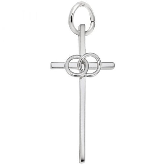 The Rembrandt Charms Wedding Cross Charm in sterling silver showcases an intertwined double ring design at the intersection of its horizontal and vertical bars. Featuring a circular loop at the top for attaching to a necklace chain, this pendant embodies both simplicity and elegance.