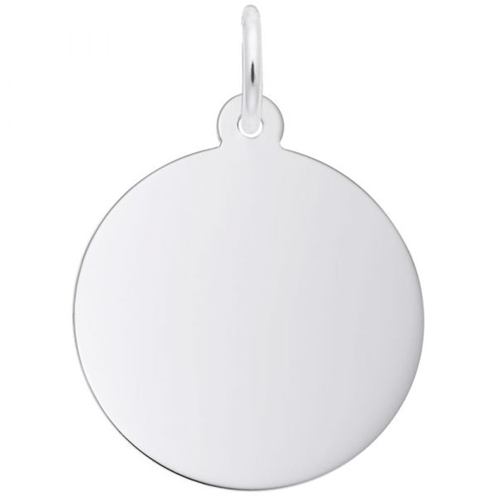 A close-up image of a plain, round, sterling silver pendant with a smooth, shiny surface and a small loop at the top for attaching to a chain or necklace. The elegant design of this Engravable Medium Disc - (0.5Mm) Thin Charm / Sterling Silver showcases the timeless quality synonymous with Rembrandt Charms.