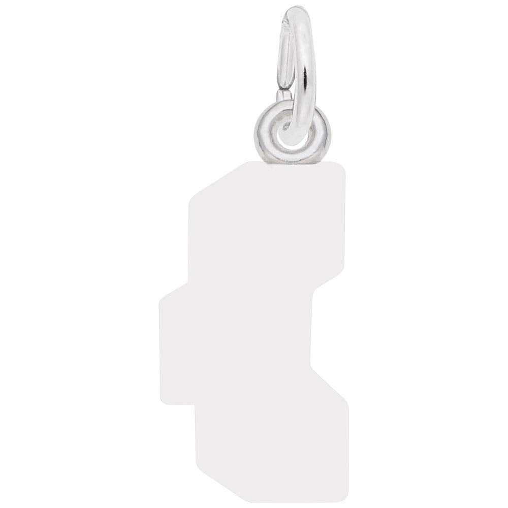 An ABC Block Charm from Rembrandt Charms, crafted in sterling silver, exhibits a minimalistic geometric design with an elongated, irregular shape and smooth edges. This elegant piece hangs gracefully from a small loop at the top.