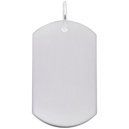 A plain, silver dog tag pendant featuring a rectangular shape with rounded top corners and a small, circular hole near the top for attaching a chain or keyring. It has a smooth, brushed finish with no engravings or markings—ideal for adding personalized jewelry touches or pairing with the USA Flag with Red Stripe charm from Rembrandt Charms.