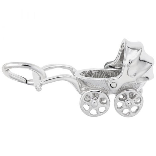 The image shows the Sterling Silver Canopy Baby Carriage Charm from Rembrandt Charms. This charm features an intricately detailed baby carriage with a canopy, showcasing fine craftsmanship in sterling silver. The dimensions are 0.69 inches by 0.46 inches (17.56 mm x 11.59 mm), and the style number is 1018. This charm makes a perfect keepsake to celebrate the arrival of a new baby and is a wonderful addition to any charm bracelet.