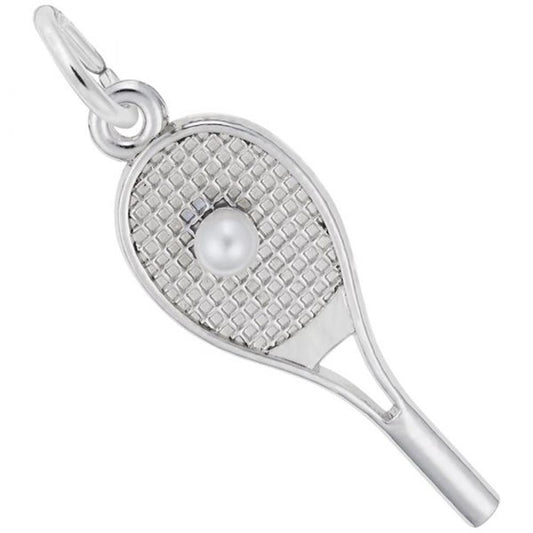 The Rembrandt Charms Tennis Racquet Charm, crafted in sterling silver, features a detailed racket head with a small pearl charm at the center and is attached to a loop for easy chain attachment. The pendant is designed with intricate elements, giving it a realistic appearance.