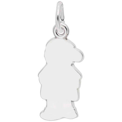 The Boy with Baseball Cap Charm by Rembrandt Charms is crafted from sterling silver and features an anthropomorphic character with rounded edges, a large head, and protruding nose. This whimsical charm includes a loop at the top for attaching to a chain or bracelet.