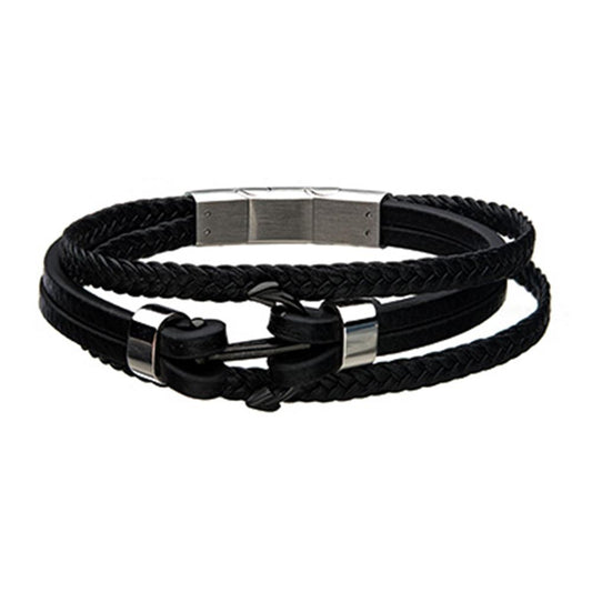 Experience the modern and masculine design of the INOX Men's Triple Black Leather with Steel Stoppers Bracelet. This stylish black leather bracelet features multiple braided and smooth bands intertwined with steel stoppers, finished with a polished metal clasp. With a length of 8.75 inches, it is perfect for everyday wear or special occasions.