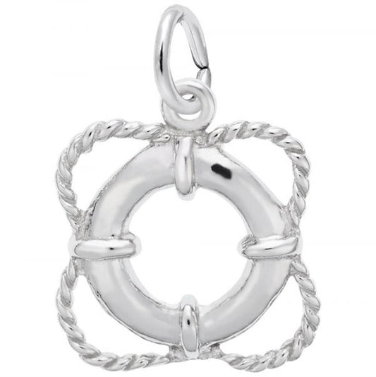 The Rembrandt Charms Life Preserver Charm in sterling silver is a nautical-themed pendant shaped like a life preserver, featuring a rope design forming a square around it. This pendant showcases intricate detailing and includes a small loop at the top for attaching to a chain.