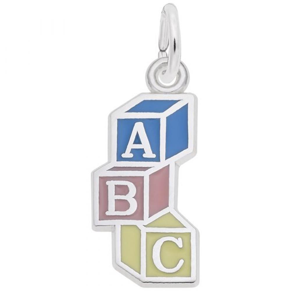 The ABC Block Charm by Rembrandt Charms is a sterling silver piece featuring three interconnected blocks with the letters "A," "B," and "C" in white. The blocks are colored blue, pink, and yellow respectively, accented with a shiny metallic outline. It includes a loop for attaching to a necklace or bracelet—making it the perfect keepsake.