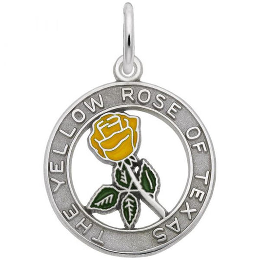 Introducing the Rembrandt Charms Texas Yellow Rose Charm in sterling silver. This exquisite charm showcases a yellow rose at its center, encircled by the text "THE YELLOW ROSE OF TEXAS." The detailed rose, highlighted by green leaves, adds a touch of elegance. Complete with a loop at the top, it easily attaches to any necklace or bracelet. Perfect for enhancing any Texas Rose Jewelry collection.