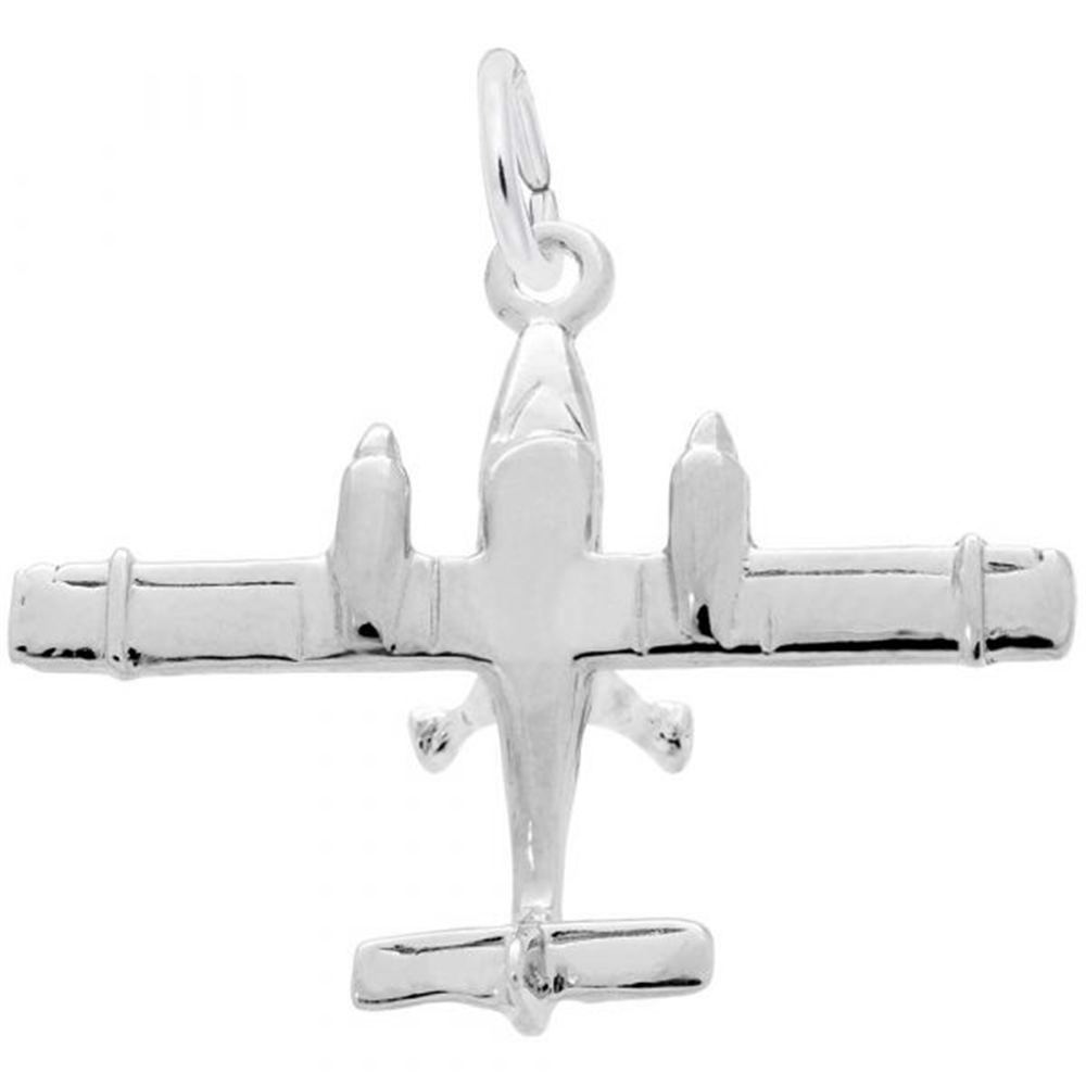 The New Dual Engine Airplane Charm by Rembrandt Charms is a stunning sterling silver pendant shaped like an airplane, complete with detailed wings, two engines, and a small propeller at the front. It features a loop at the top for attaching to a chain or bracelet. Perfect for any aviation enthusiast, this sleek design is polished to perfection.