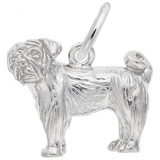 The Pug Dog Charm in Sterling Silver by Rembrandt Charms features a detailed pug, complete with a curled tail and characteristic facial wrinkles. A small loop at the top allows it to be easily attached to a chain or bracelet.