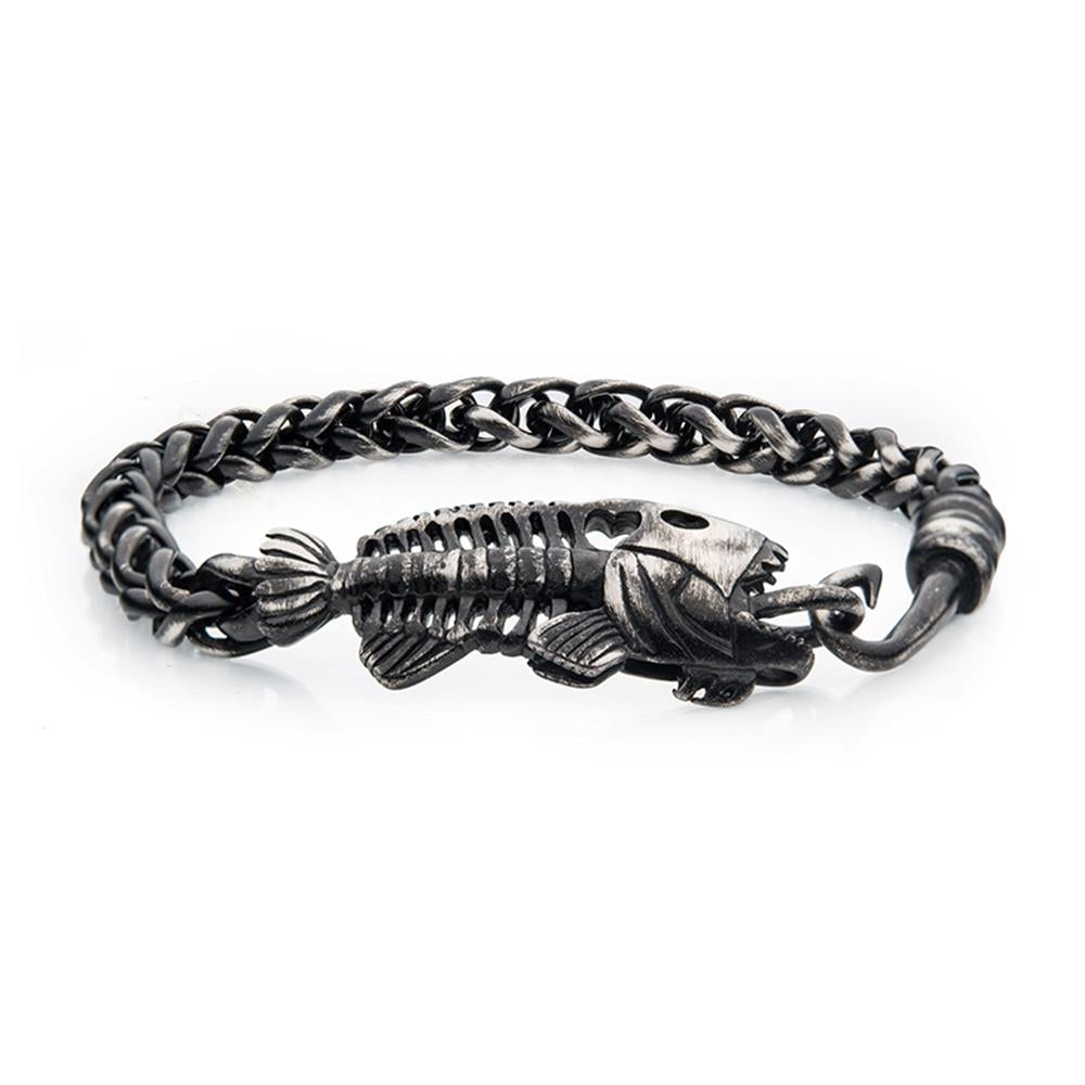Gun Metal Plated Wheat Chain with Fishbone on Hook Clasp Bracelet | INOX