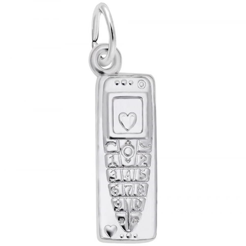 The Rembrandt Charms Cell Phone Charm, crafted from sterling silver, mimics an old-fashioned mobile phone with a small square screen displaying a heart symbol and a numbered keypad ranging from 0 to 9. It includes a loop at the top for easy attachment to bracelets or necklaces, boasting a sleek and minimalist design.