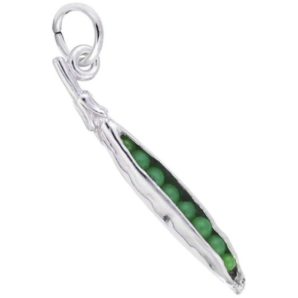 A Rembrandt Charms Pea Pod Charm in sterling silver, featuring green pea-shaped beads inside and hanging from a circular loop at the top—an exquisite piece of jewelry.