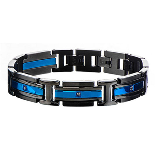 Introducing the INOX Men's Stainless Steel Black IP & IP Blue with Black CZ Link Bracelet: a sleek, modern accessory featuring alternating rectangular segments with blue inlays and black cubic zirconia stones. The polished silver links connect the segments, creating a stylish and self-adjustable bracelet perfect for any occasion.