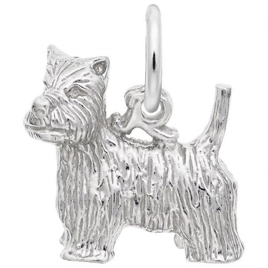 Introducing the West Highland Terrier Dog Charm from Rembrandt Charms. This sterling silver charm intricately captures the likeness of a small dog, complete with detailed fur texture and expressive facial features. The charm includes a loop at the top, perfect for attaching to a bracelet or necklace. With its characteristic pointed ears and tail, this piece beautifully represents a West Highland Terrier.