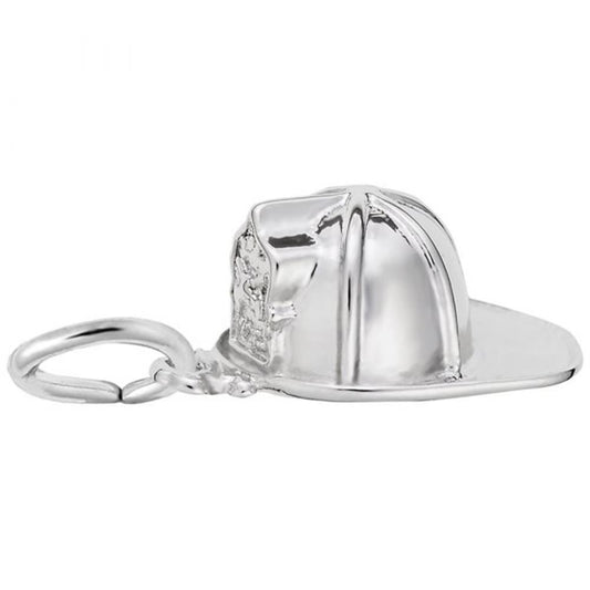 The Firefighter Helmet Charm by Rembrandt Charms is a sterling silver keychain in the shape of a fireman's helmet. It features detailed textures, including its crest and panels, and is attached to a circular keyring, making it a charming accessory.