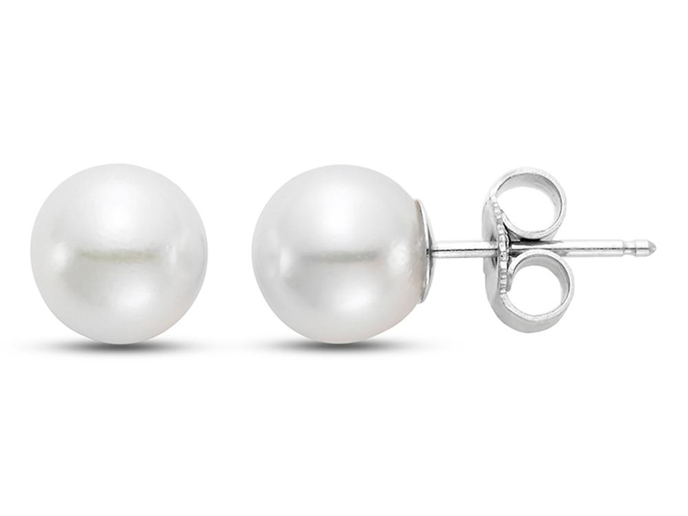 A pair of elegant Mastoloni Pearls 8.5-9MM EAR "A" FW stud earrings featuring a white, round freshwater pearl set in 14K white gold backing and post, displayed from the front and side against a white background.
