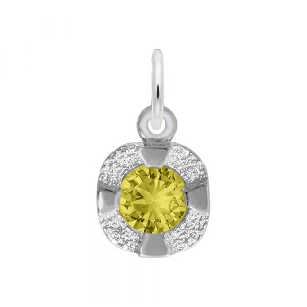 The Petite Birthstone - November Charm by Rembrandt Charms is a sterling silver pendant showcasing a round, brilliant-cut yellow gemstone—November's birthstone—at its center. It features a petal-like setting inlaid with small clear gemstones and includes a petite loop at the top for attaching to a chain.