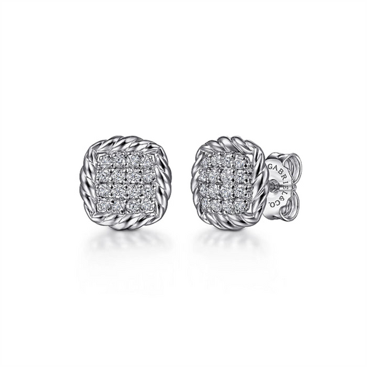 Gabriel & Co's 925 Sterling Silver White Sapphire and Rope Frame Stud Earrings *Ham feature a square shape with a twisted rope design around the edges. The earrings are available in 925 Sterling Silver or white gold. Displayed upright, side by side, on a white background, the backs showcase an elegant branded inscription.