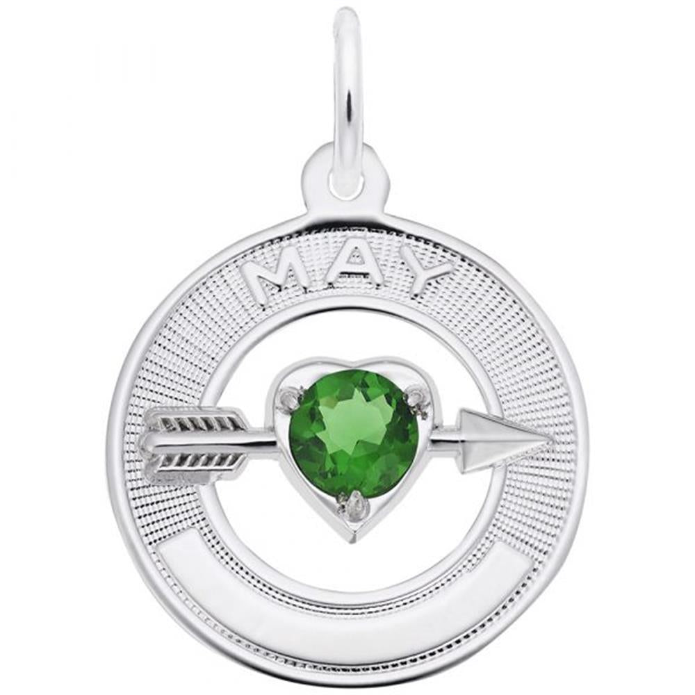 The Rembrandt Charms' May Love Birthstone Charm, crafted from sterling silver, showcases a circular pendant with "MAY" engraved at the top. The pendant features a green heart-shaped gemstone at its center, elegantly pierced by an arrow. This timeless design is completed with a textured outer ring and smooth inner section surrounding the gemstone.