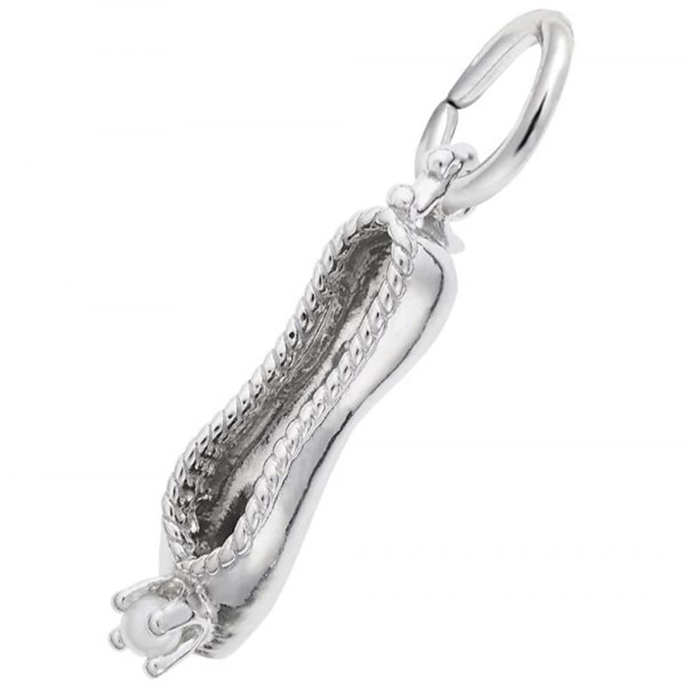 The image shows the Sterling Silver Ballet Slipper with Pearl Charm from Rembrandt Charms. The charm is crafted in sterling silver and features a detailed design of a ballet slipper adorned with a pearl. It measures 0.61 inches by 0.2 inches (15.34 mm x 5.05 mm) and has the style number 8284. This charm is a perfect keepsake for dancers and ballet enthusiasts.