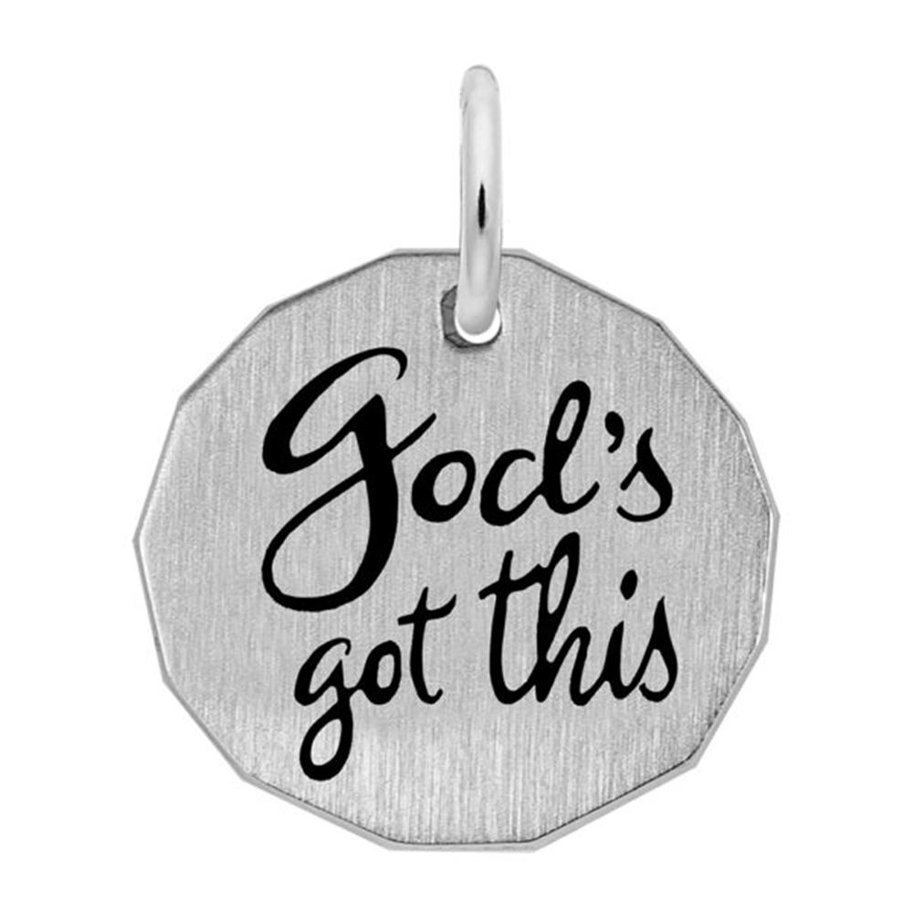 The Rembrandt Charms God’s Got This Charm in sterling silver is a round pendant engraved with "God's Got This" in black cursive font. Its polished and simple design includes a small loop at the top, perfect for attaching to a necklace or chain, making it an ideal charm for everyday wear.