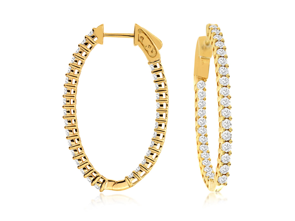 The 14k YG 35mm 2ct Diamond hoops by Royal Jewelry, style #C8214D, are elegantly crafted from yellow gold and adorned with 2 carats of sparkling diamonds. The intricate design of these hoops is beautifully highlighted against a white background, showcasing their elegance and sophistication.