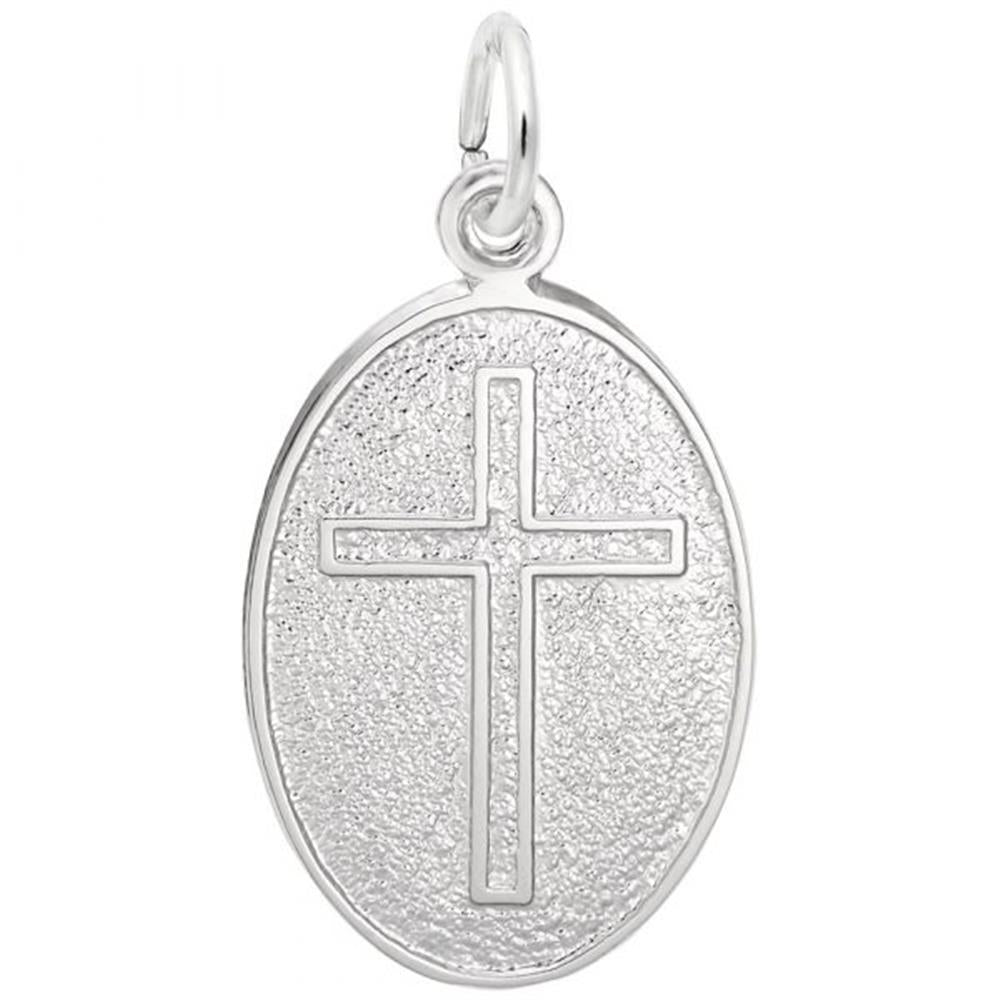 This Cross Oval Disc Charm in Sterling Silver by Rembrandt Charms features a textured background with an embossed cross at its center. It is designed with a small loop on top for easy attachment to a chain or bracelet, making it a versatile addition to your jewelry collection.